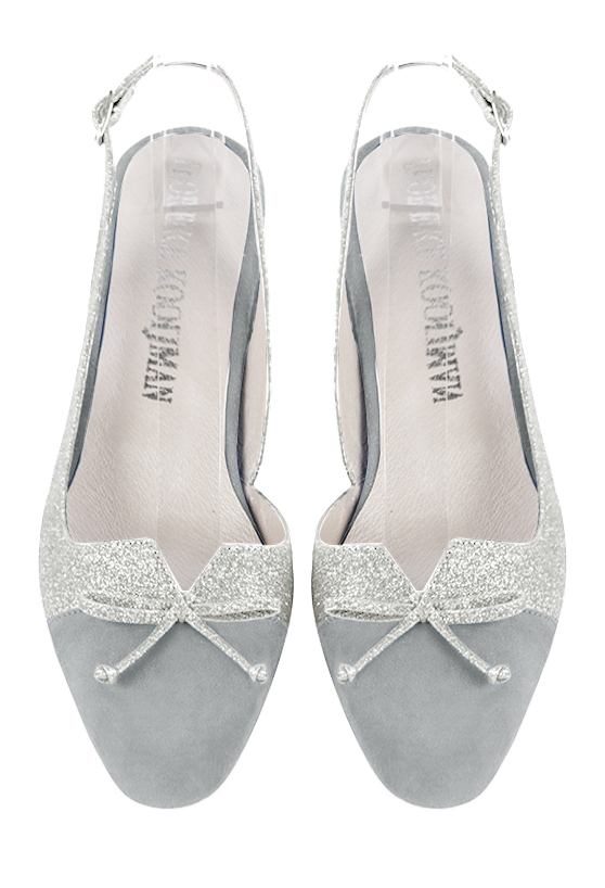 Pearl grey and light silver women's open back shoes, with a knot. Round toe. Low flare heels. Top view - Florence KOOIJMAN